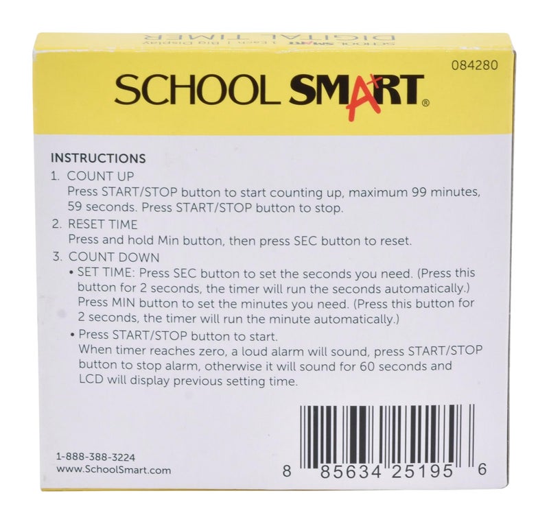 School Smart Count up/Count Down Timer, Digital, (1) AAA Battery, 2-3/4 in W X 2-3/4 in H X 1 in D, Assorted Color, Assorted Size - 084280 - Image 2